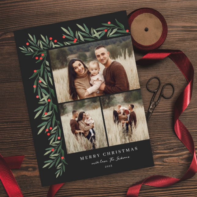 Cartes Pour Fêtes Annuelles Winter Greenery Black 3 Photo Noël (Créateur téléchargé)