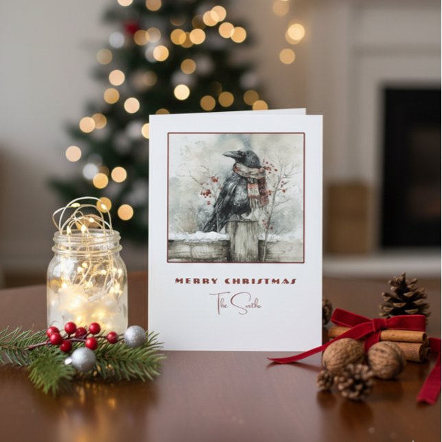 Cartes Pour Fêtes Annuelles Winter Raven Crow Christmas Card with Cozy Scarf (Créateur téléchargé)