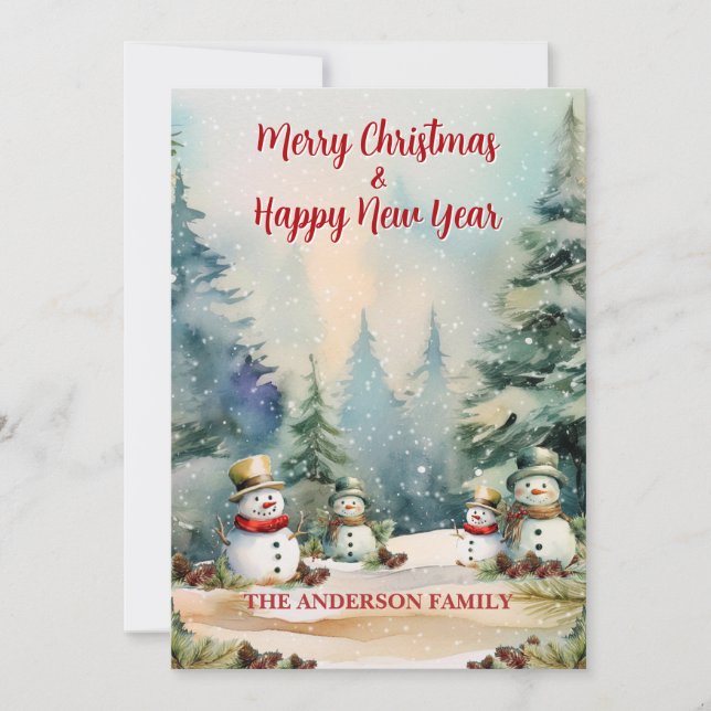 Cartes Pour Fêtes Annuelles Winter Wonderland: Pine Trees and Snowmen  (Devant)