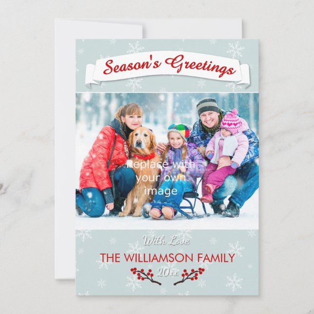 Cartes Pour Fêtes Annuelles Winterberries Ice Blue avec Snowflakes & Photo (Devant)