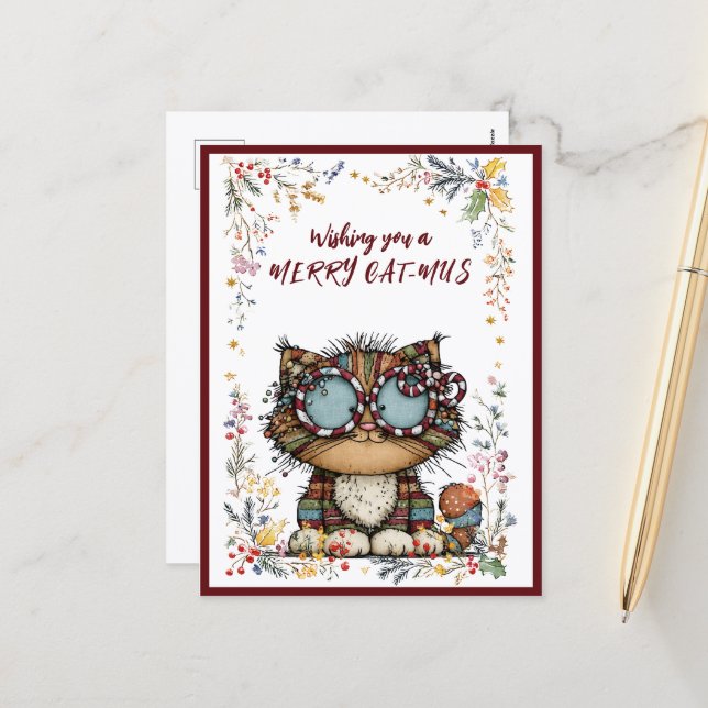 Cartes Pour Fêtes Annuelles Wishing You A Merry CAT-MUS Holiday Postcard (Devant/Arrière en situation)