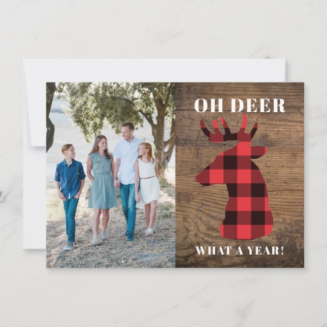 Cartes Pour Fêtes Annuelles Wood Oh Deer Quelle année Buffalo Plaid Photo (Devant)