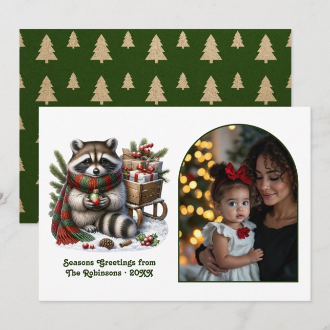 Cartes Pour Fêtes Annuelles Woodland Raccoon Seasons Greeting Rustic Christmas (Devant / Derrière)
