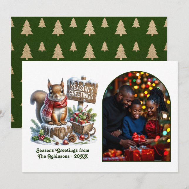 Cartes Pour Fêtes Annuelles Woodland Squirrel Rustic Forest Christmas Photo (Devant / Derrière)