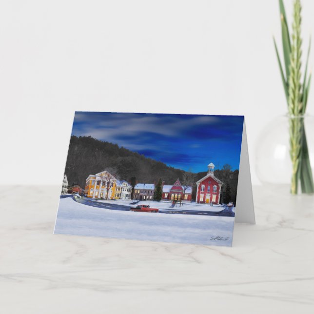 Cartes Pour Fêtes Annuelles Woodstock Vermont lors d'une nuit d'hiver (Devant)