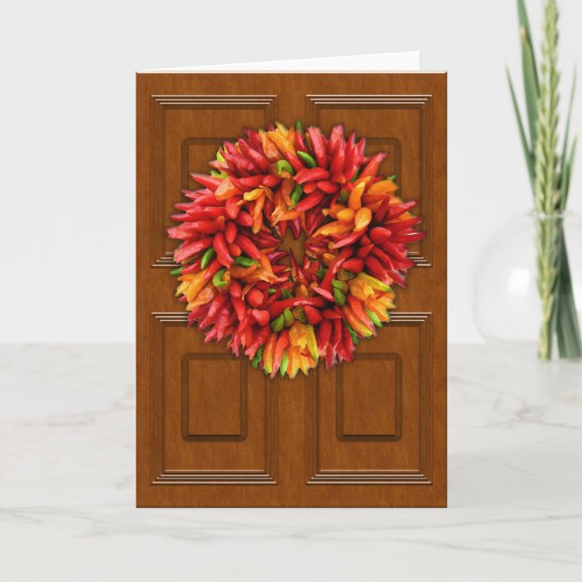 Cartes Pour Fêtes Annuelles Wreath Chili sur la porte en bois (Devant)