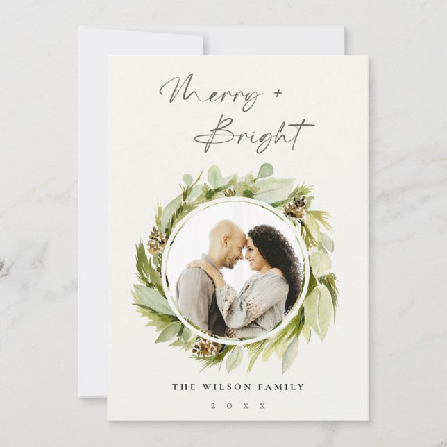 Cartes Pour Fêtes Annuelles Wreath d'hiver Joyeuse et brillante photo de Noël (Devant)