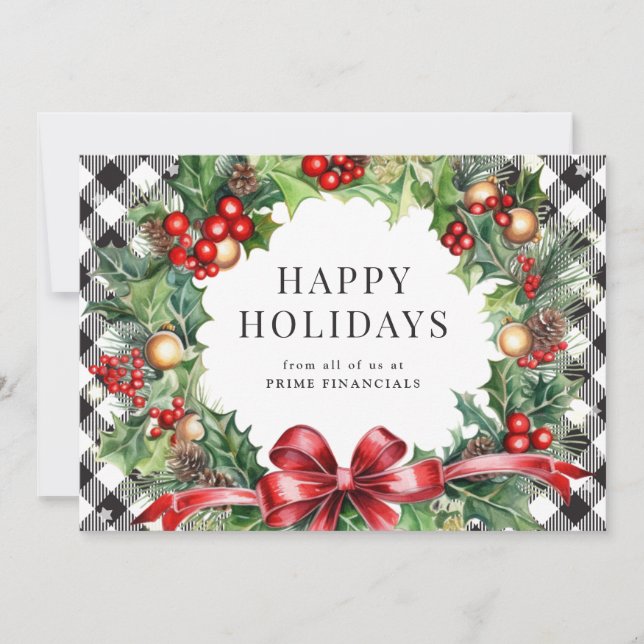 Cartes Pour Fêtes Annuelles Wreath Holly Berries Black Plaid Business (Devant)