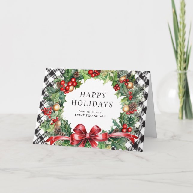 Cartes Pour Fêtes Annuelles Wreath Holly Berries Black Plaid Business (Devant)