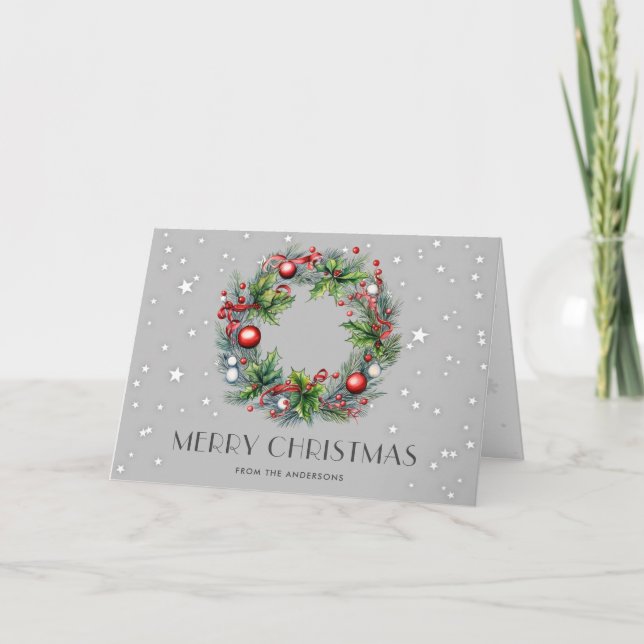 Cartes Pour Fêtes Annuelles Wreath Holly Berries Ornements Étoiles Noël (Devant)