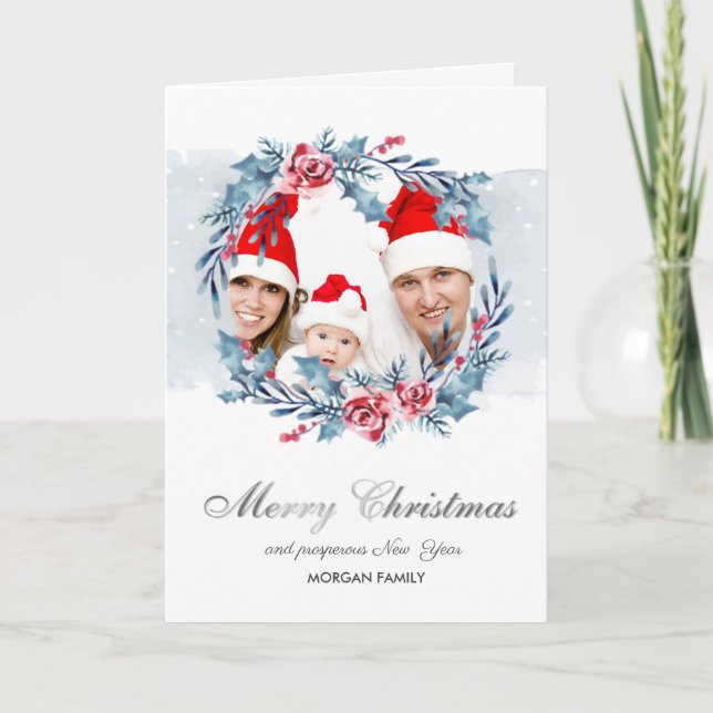 Cartes Pour Fêtes Annuelles Wreath Holly Berry Fleurs Photo Joyeux Noël (Devant)