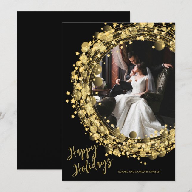 Cartes Pour Fêtes Annuelles Wreath or sur Black Photo Happy (Devant / Derrière)