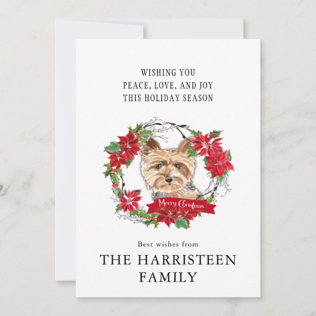 Cartes Pour Fêtes Annuelles Yorkshire Terrier Aquarelle Poinsettia Noël (Devant)