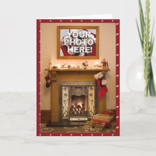 Cartes Pour Fêtes Annuelles Your Photo- Elegant Christmas stocking & Fireplace