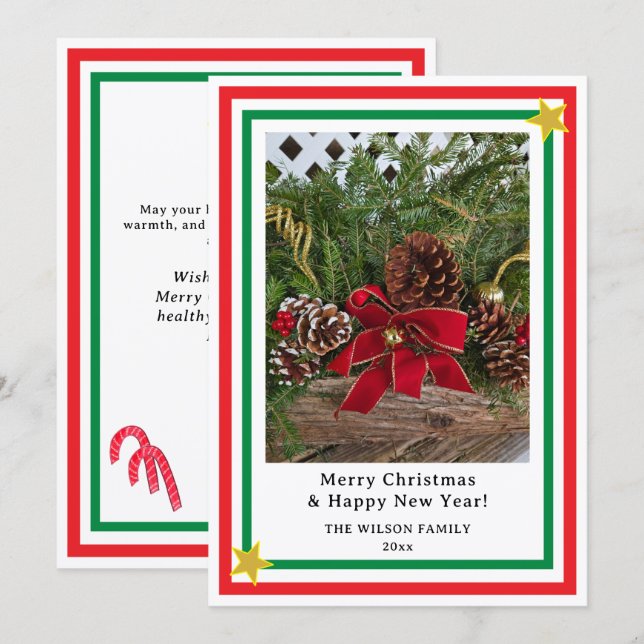 Cartes Pour Fêtes Annuelles Yule Log Red Bow Candy Canes INSERT PHOTO  (Devant / Derrière)