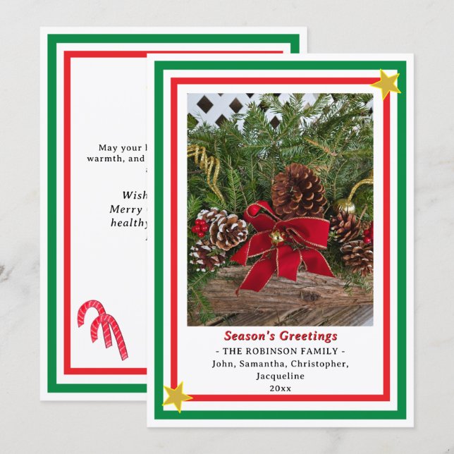 Cartes Pour Fêtes Annuelles Yule Log Red Bow Green Red INSERT PHOTO  (Devant / Derrière)