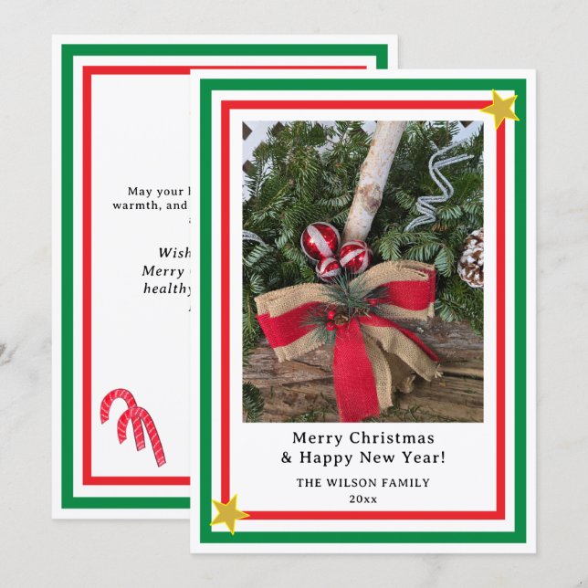 Cartes Pour Fêtes Annuelles Yule Log Red Burlap Bow Green INSERT PHOTO  (Devant / Derrière)
