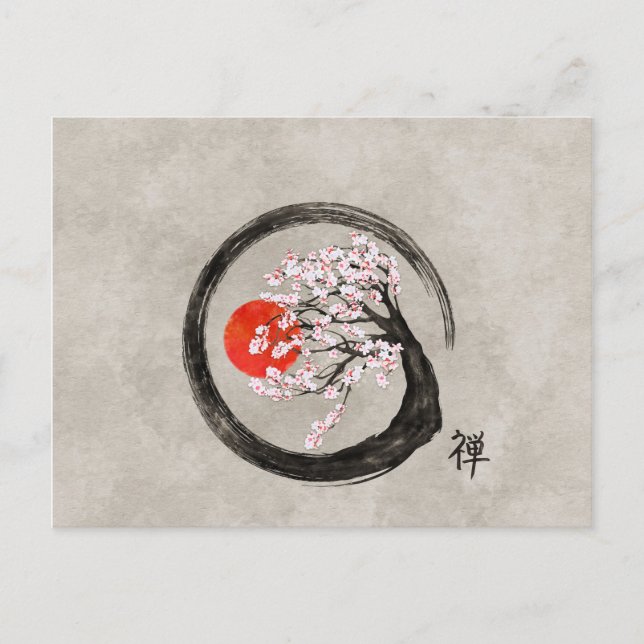 Cartes Pour Fêtes Annuelles Zen Enso Circle and Sakura Tree on Canvas (Devant)