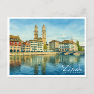 Cartes Pour Fêtes Annuelles Zurich Suisse Voyage à l'aquarelle Rétro