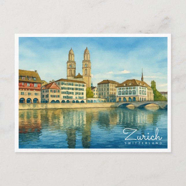 Cartes Pour Fêtes Annuelles Zurich Suisse Voyage à l'aquarelle Rétro (Devant)