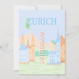 Cartes Pour Fêtes Annuelles Zurich Travel Art, Suisse, Blue Retro Travel