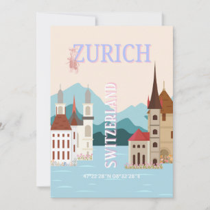Cartes Pour Fêtes Annuelles Zurich Travel Art, Suisse Travel Art, Retro