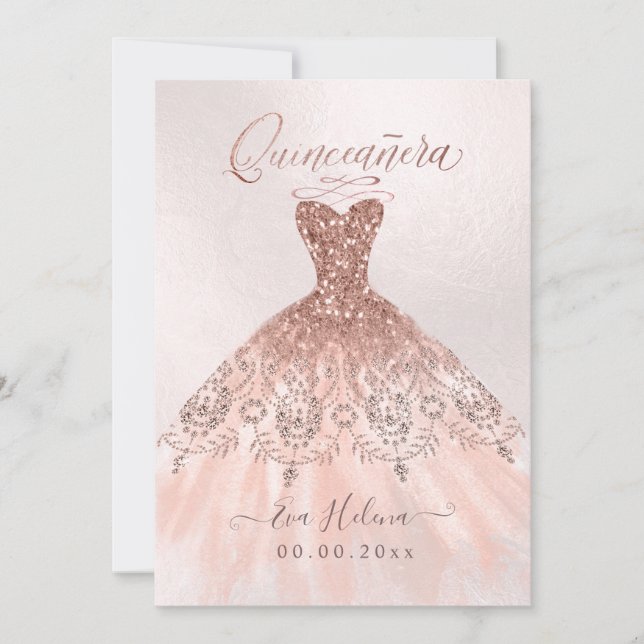 Cartes Quinceañera, Sparkle Gown, Faux Rose Gold (Devant)