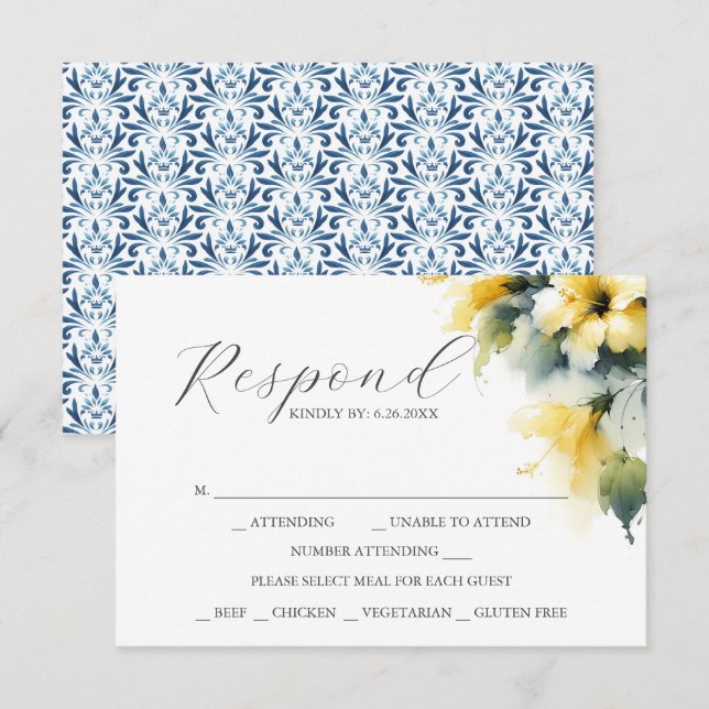Cartes RSVP avec choix de repas bleu et jaune (Devant / Derrière)