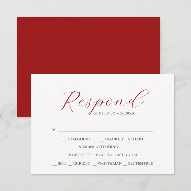 Cartes RSVP avec choix de repas rouge (Devant / Derrière)
