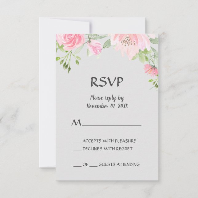 Cartes RSVP avec Pivoines Rose sur Fond Gris (Devant)