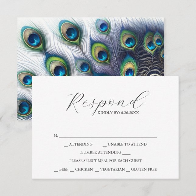 Cartes RSVP avec Plumes Peacock au choix du repas (Devant / Derrière)