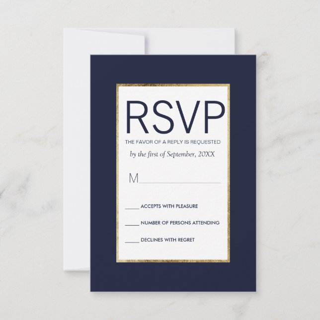 Cartes RSVP Bleues Marine Simple Linked Or (Devant)