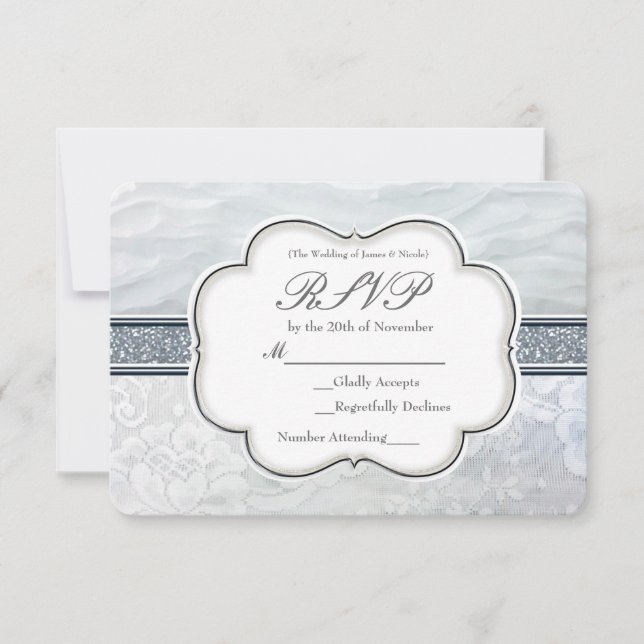 Cartes RSVP céleste blanc et dentelle élégante (Devant)