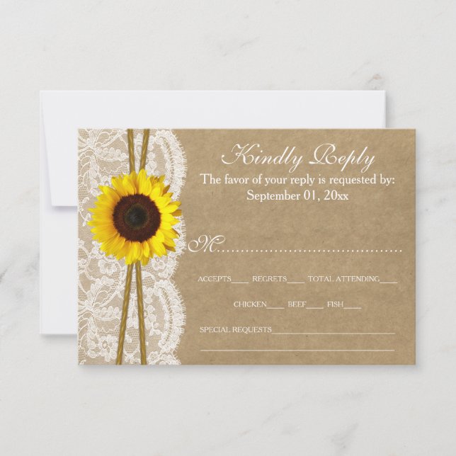 Cartes RSVP de la collection Kraft & Lace Sunflowe (Devant)