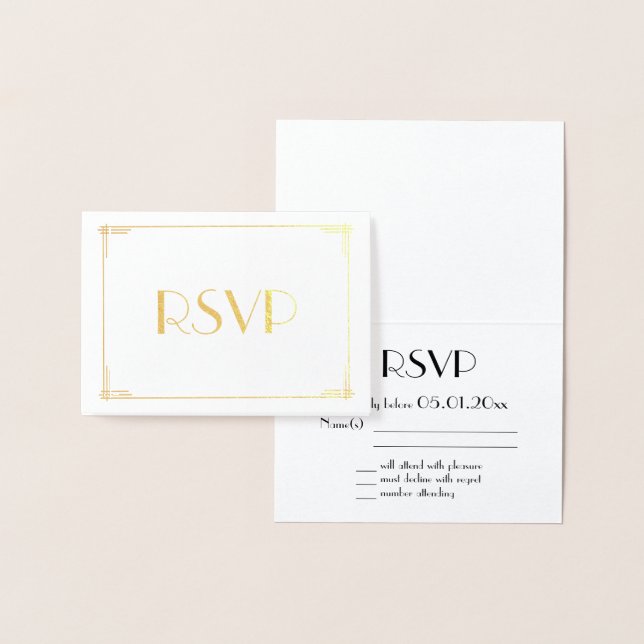 Cartes RSVP de mariage Art Déco en véritable feuil (Affichage)