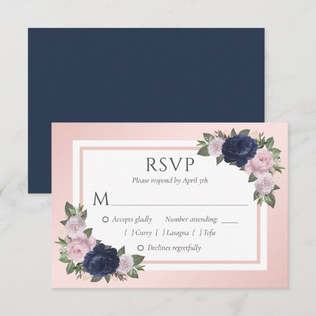 Cartes RSVP de mariage bleu marine et flou floral (Devant / Derrière)