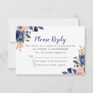 Cartes RSVP de mariage bleu rose et bleu marine