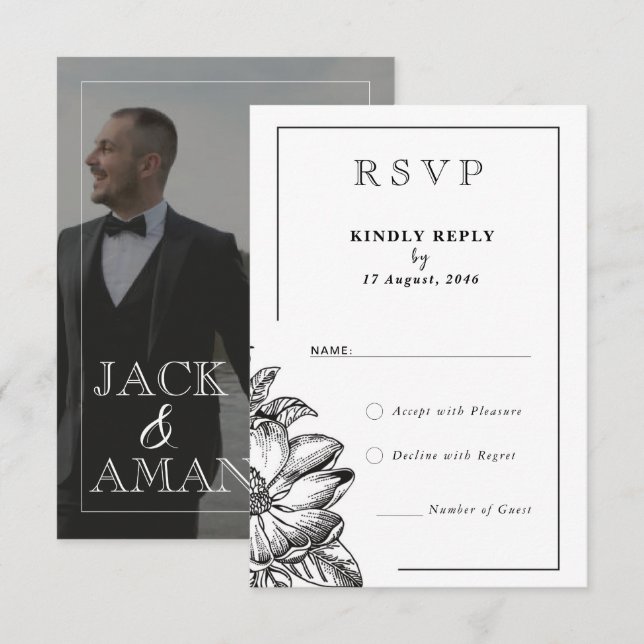 Cartes RSVP de mariage classique noir et blanc élé (Devant / Derrière)