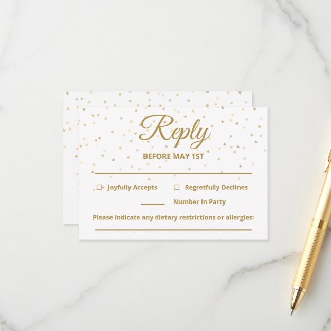 Cartes RSVP de Mariage Coeurs d'Or personnalisable (Devant/Arrière en situation)