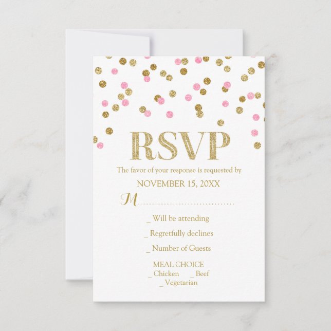 Cartes RSVP de Mariage Confetti en Or Rose (Devant)