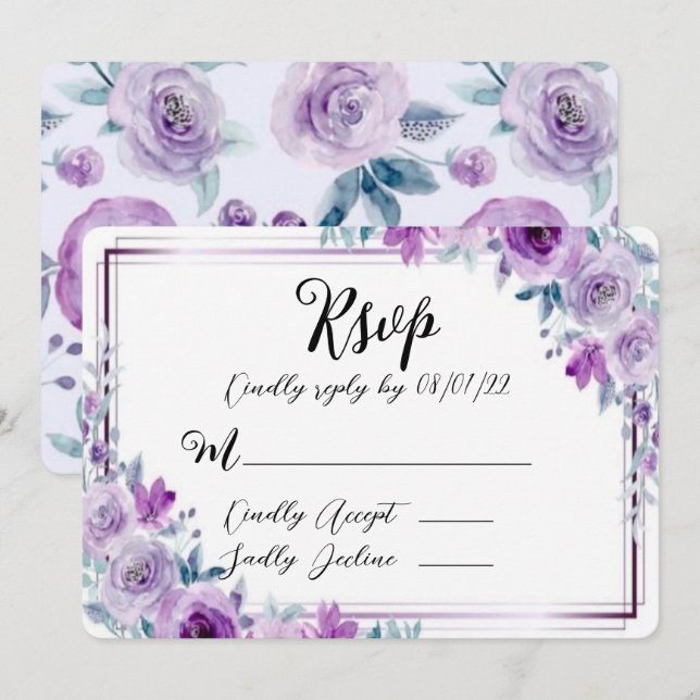 Cartes RSVP de mariage de pivoine violette aquarel (Devant / Derrière)