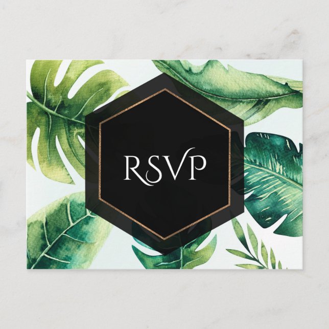 Cartes RSVP de mariage élégantes aux feuilles trop (Devant)