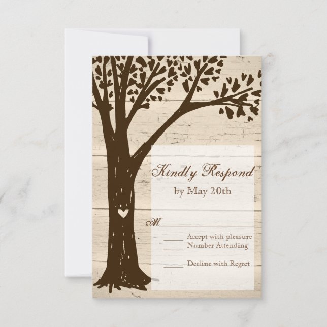 Cartes RSVP de mariage en bois ancien sculpté (Devant)