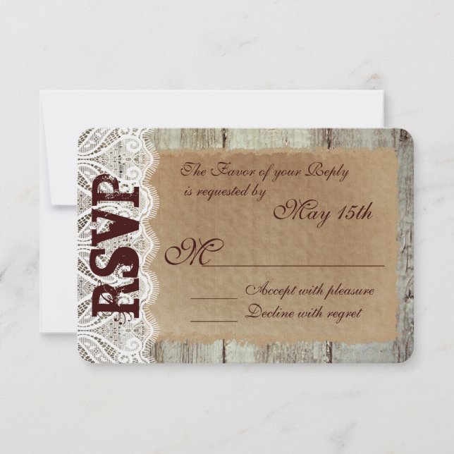 Cartes RSVP de mariage en dentelle rustique (Devant)