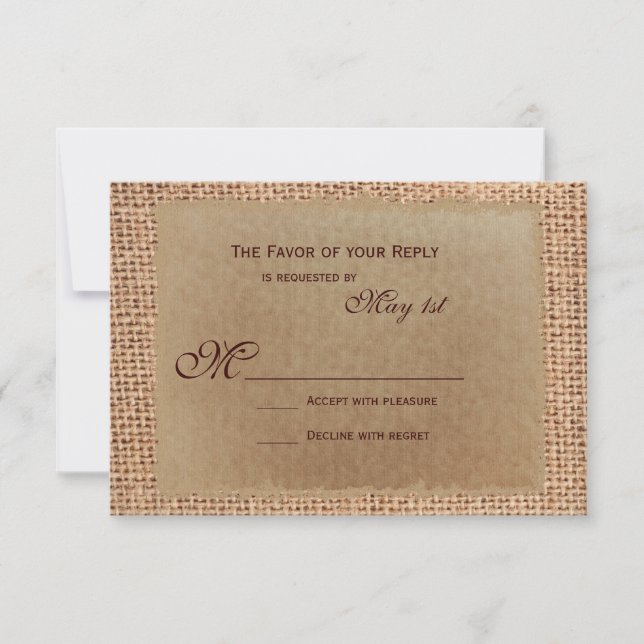 Cartes RSVP de mariage en papier rustique Burlap (Devant)