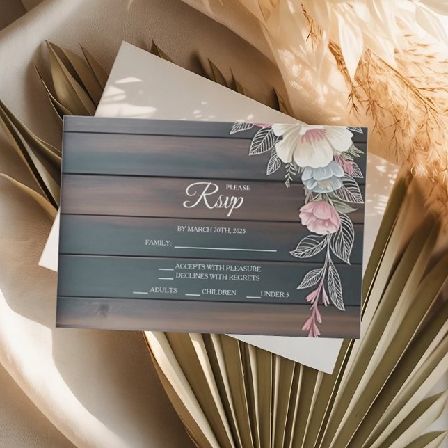Cartes RSVP de mariage floral en bois rustique (Créateur téléchargé)