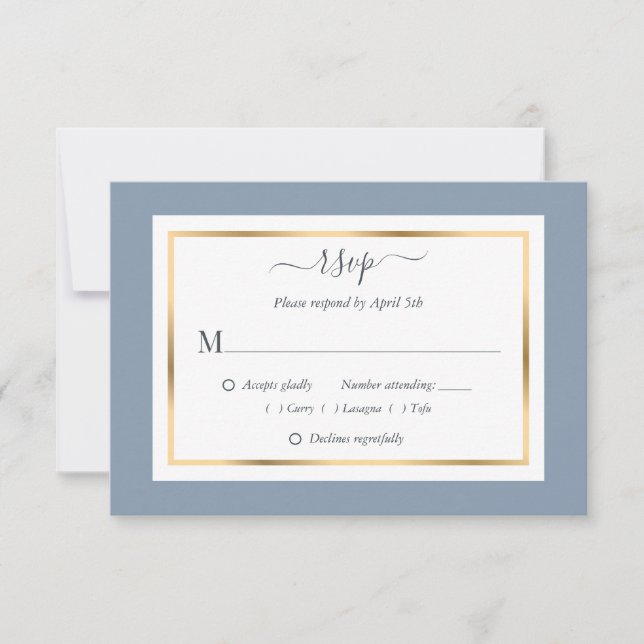 Cartes RSVP Elégantes Dusty Blue et Gold Wedding (Devant)