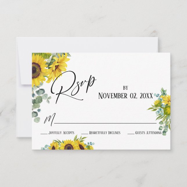 Cartes RSVP élégantes tournesol et eucalyptus aqua (Devant)