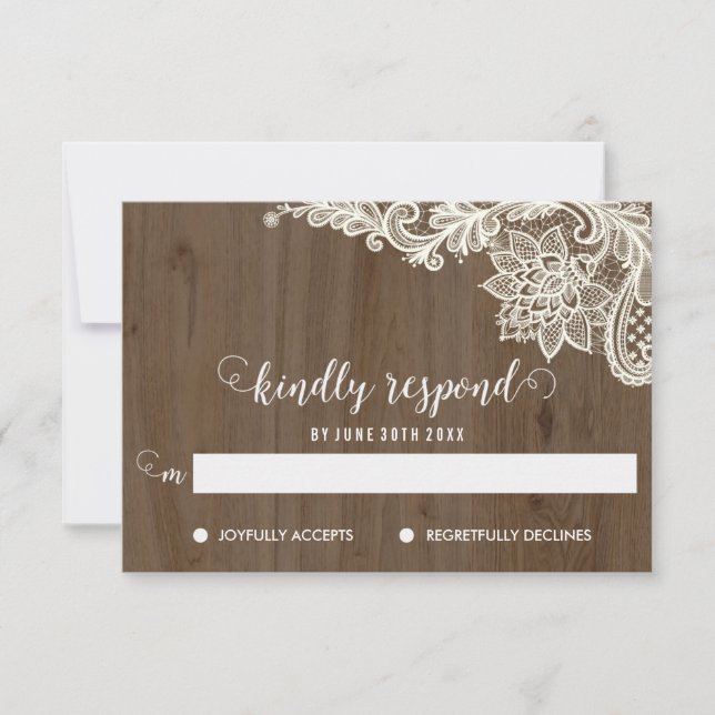Cartes RSVP en bois rustique et dentelle (Devant)