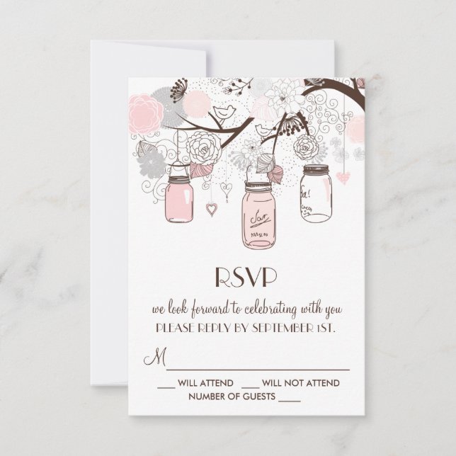 Cartes RSVP Fleurs Rose Pâle et Grises en Pots Mas (Devant)